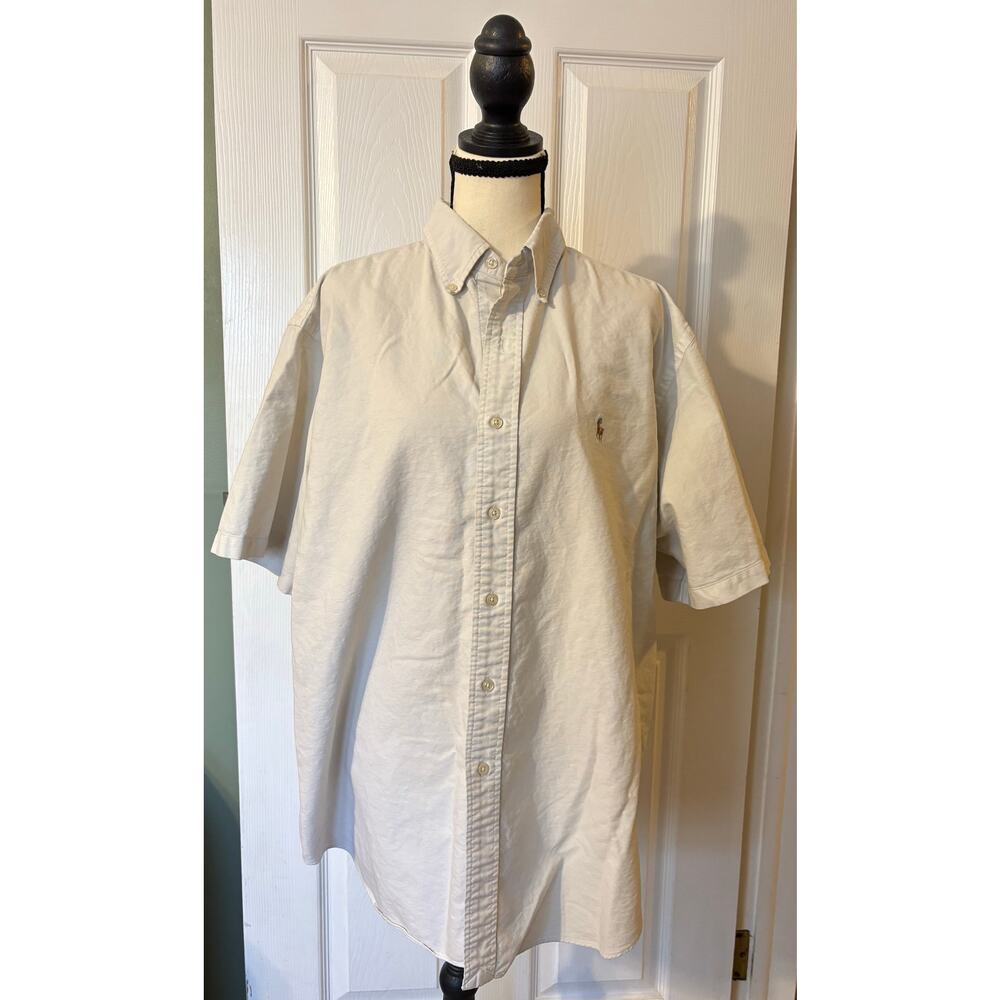 Ralph Lauren Button Down Men's XL Short Sleeve Khaki Light Tan Pony Classic